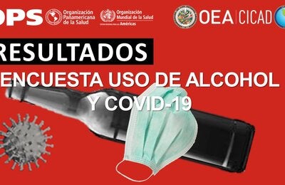Ilustración que muestra sobre un fondo rojo las imagenes en gris de un coronavirus y una botella de cerveza, sobre la que hay un cubrebocas verdoso. tiene el título del seminario: REsultados de la encuesta Uso de alcohol y COVID-19
