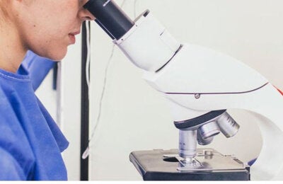 Personal de la salud viendo por un microscopio