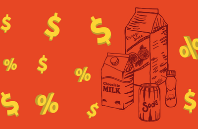 Illustration showing a rain of $ yellow signs and lineal drawings of packaged drinks (soda, chocolate milk, yougurt, juice) in a red background