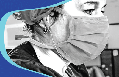 Black and white photo of a female health provider with a mask covering here face, framed in and irregular blue background