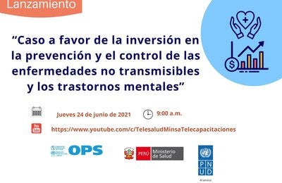 Tarjeta ilustrada con el icono de un corazón entre unas manos y un gráfico de barras con una flecha ascendente, junto al texto correspondiente al evento y la hora. Abajo, los logos de OPS, MINSA y PNUD