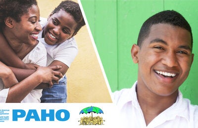 Double photo: on the left, two women hug each other and smile. on the right, close up of a young boy smiling, over a green background