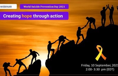 Black sillouettes of 10 people hiking a mountain, helping each other to climb. They are over a background of an orange sunset. The title, date and time of the webinar appear over the image