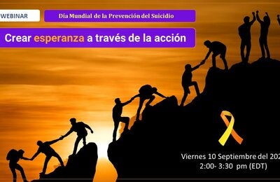 Siluetas negras de 10 personas caminando por una montaña, ayudándose mutuamente a escalar. Están sobre un fondo de una puesta de sol anaranjada. El título, la fecha y la hora del seminario web aparecen sobre la imagen.