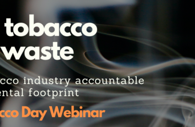 banner for fighting tobacco product waste with black background and smoke over text