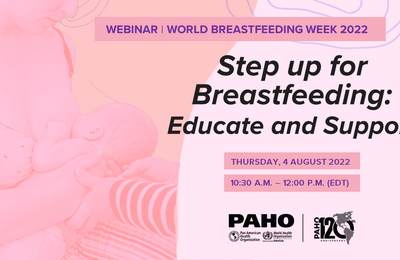 Card in pink tones with the image of a breasfeeding mother with her baby, being supported by another person. On the right, the title and date of the webinar for World Breastfeeding Week 2022