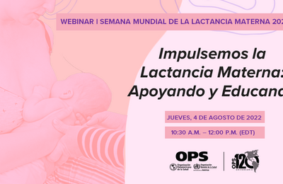 Ilustración de una madre amamantando con ayuda de unas manos para sujetar al bebé, en una foto con un filtro rosado. A la derecha, el título del webinar de la semana de lactancia materna