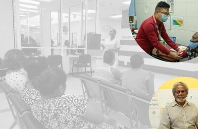 Collage of images of patients waiting on a heath center, a doctor checking blood pressure and a smiling paitent
