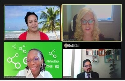 Imagen de pantalla dividida en 4 cuadrantes con los rostros de 4 de los ponentes en el webinar