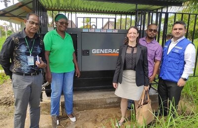 Official handover of the two generators with RGD Staff at the Ellen Clinic in Commewijne, Dr. Mohamed Saharie, Nurse Chrichlow, and Mr Soegriem Kisoensingh along with Catherine Griffith from the US Embassy Suriname, and Alejandro Caballero from PAHO Suriname. 