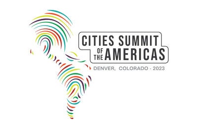 Map of the Americas with text: Cities Summit of the Americas - Denver, Colorado -2023