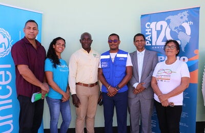 Deputy Director of the Regional Health Services (RGD) Nursing Affairs Steven Tel, UNICEF Health Officer Shivanny Narain, Medical Mission Herman Jintie, PAHO/WHO Advisor, Health Systems and Services Dr. Rosmond Adams, PAHO/WHO Family Planning and Lifecycle/Immunization Technical Officer Dr. Julia Terborg.