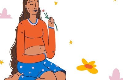ilustración de mujer embarazada sosteniendo flor y tocándose la panza