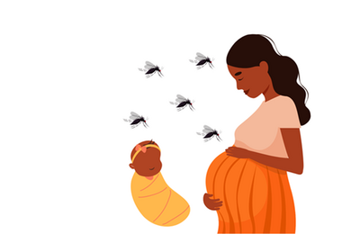 illustration of woman, baby  and mosquitos