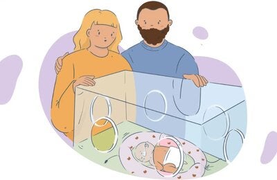 ilustración de madre y padre junto a incubadora con bebé prematuro