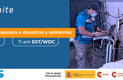 banner webinar Telemedicina en respuesta a desastres y epidemias. Personal de EMT en carpa atendiendo a paciente