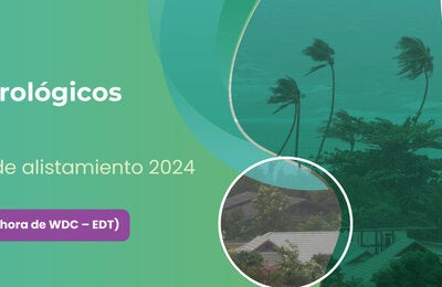 banner del evento. Se muestra foto de zona costera con mar y palmeras visiblemente con viento. También se ve el título del evento y la hora. Foto de playa con palmeras con viento. Crédito foto: Freepik - @dogorasun