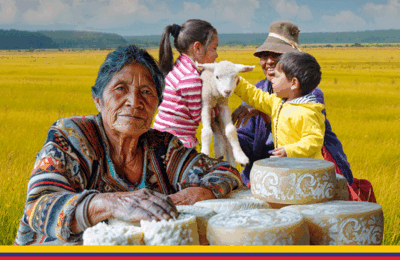 mujer con quesos, niños y mujer detrás con oveja