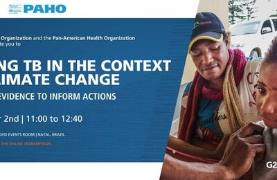 Banner Ending TB  in the context of climate change. Child being checked by health worker