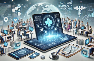 Computer screens with cross in the center and icons associated with health around. Physicians and nurses interact with computers.