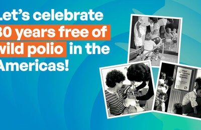 Graphic for the 30th year celebration of World Polio Day 2024. It has photos of children being vaccinated and in wearing braces and in physical therapy.