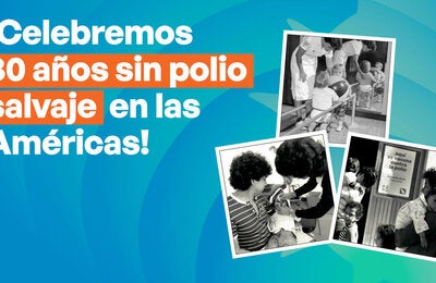 Gráfico para la celebración del 30.º aniversario del Día Mundial contra la Polio 2024. Contiene fotografías de niños vacunados, con aparatos ortopédicos y en fisioterapia.