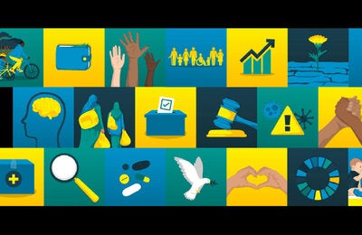 Banner with multiple icons related to health, finance, investment, and well being