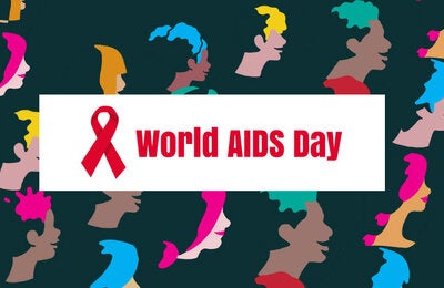 World AIDS banner with illustrations of faces