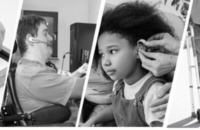 Course card saying "Introduction Course to Assistive Technology in the Americas" in blue letter and an image showing a collage with photos of users of assistive technology: a low vision aid product, a person using speech recognition software for computer access, an specialist fitting a hearing aid to a girl, and a man using a walker. At the bottom logos of PAHO and Virtual Campus of Public Health.