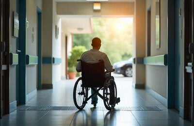 persona con discapacidad en una silla de ruedas, en la salida de un hospital