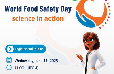 An illustration of a planet with an apple and a hand holding it, accompanied by the figure of a scientist, symbolizing World Food Safety Day.