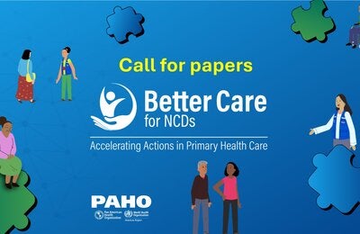 Illustration depicting human figures around the "Call for Papers" poster and the "Better Care for NCDs" logo.