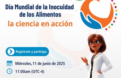 Mundo con manzana, una mano abrazando y la figura de una científica para representar el día mundial de la inocuidad de los alimentos: la ciencia en acción