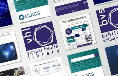 Regional Portal of the VHL and BIREME’s products such as LILACS, Evidence Maps, BIGG and EVID@Easy highlighted in the digital interface.