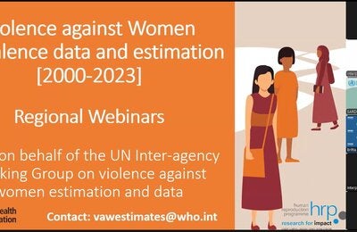 The name of the webinar and an illustration of three women occupy three-quarters of the screen, and in the remaining quarter, a column on the right with the photos of four of the webinar participants