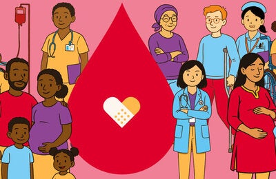 Banner with illustrations of people of different age groups and races benefiting from blood donations