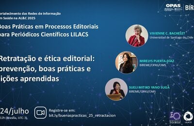 Folheto para o webinar ‘ Retratação e ética editorial’, 24 de julho, registre-se em bit.ly/buenaspracticas_25_retractacion.