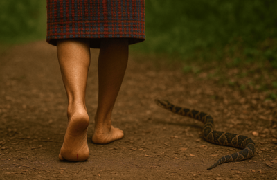 persona caminando y serpiente queriendo atacarla