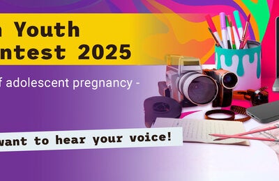 Poster for the Caribbean Youth Voices Contest 2025, September 15–October 3. Theme: ‘What’s the impact of adolescent pregnancy—and the solution?’ Design shows a laptop with silhouettes of a pregnant girl and a boy, surrounded by creative tools like a paint jar, video camera, phone, microphone, and Caribbean mask. PAHO logo at bottom.