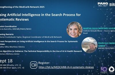 Flyer do webinário MedCarib Network 2025 sobre o uso de Inteligência Artificial em revisões sistemáticas, com Martha Sílvia Martínez Silveira e Francisco Barbosa Júnior, em 18 de setembro. Registro em: https://bit.ly/MEDCARIB-IA-4-systematic-reviews.
