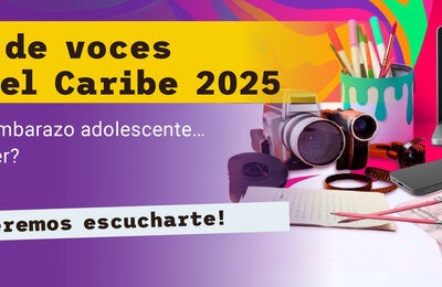 Concurso Voces Jóvenes del Caribe 2025, del 15 de septiembre al 3 de octubre. Tema: "¿Cuál es el impacto del embarazo adolescente y la solución?". El diseño muestra una laptop con las siluetas de una niña y un niño embarazadas, rodeados de herramientas creativas como un frasco de pintura, una videocámara, un teléfono, un micrófono y una mascarilla caribeña. Logotipo de la OPS en la parte inferior.