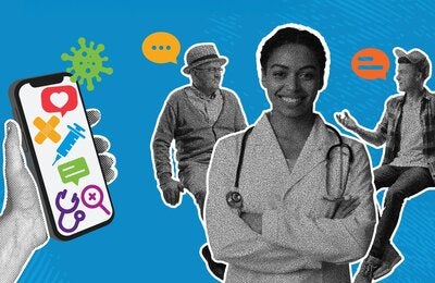 Mobile phone with icons, health worker, an older and a young adult