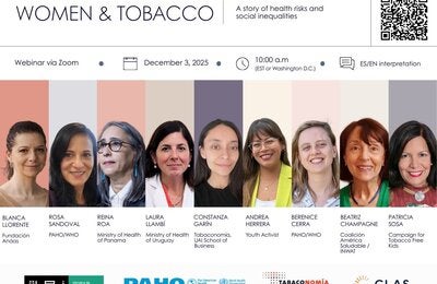 Webinar banner: “Women & Tobacco” on Dec 3, 2025, via Zoom; event details, speaker names, and partner logos shown.