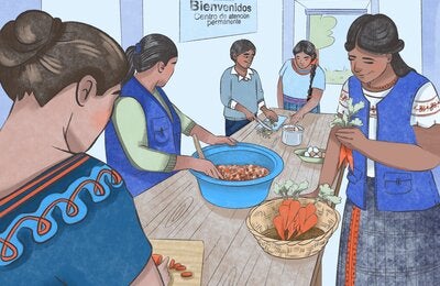 Mujeres y un hombre rurales preparan alimentos guiadas por una enfermera