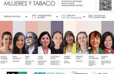Banner del webinar “Mujeres y Tabaco”, 3 dic 2025 por Zoom; detalles del evento, nombres y logos.