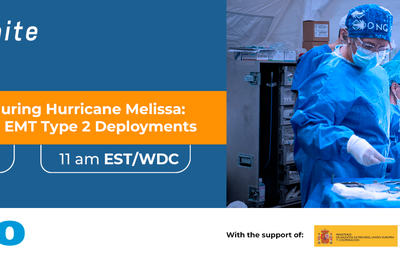 Surgical Care during Hurricane Melissa: Experience from EMT Type 2 Deployments. Image: Two female surgeons and one male surgeon perform an operation in a surgical room.