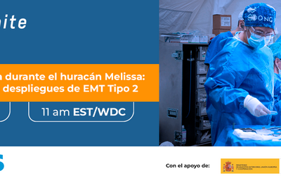 Atención quirúrgica durante el huracán Melissa: Experiencia de los despliegues de EMT Tipo 2. Imagen: dos cirujanas y un cirujano realizan una operación en una sala quirúrgica."