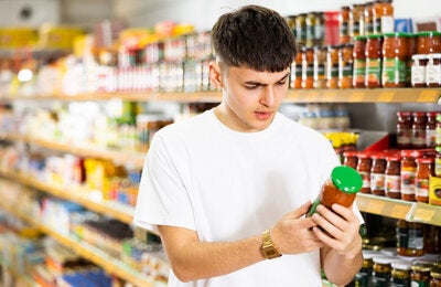 Un hombre joven leyendo la etiqueta frontal del producto (salsa)