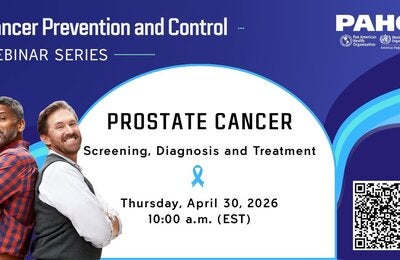 An image of two middle-aged men with their arms crossed and smiling; one is of African descent, and the other is Caucasian. In the background, information regarding a webinar on Prostate Cancer—covering screening, diagnosis, and treatment—scheduled for April 30th.