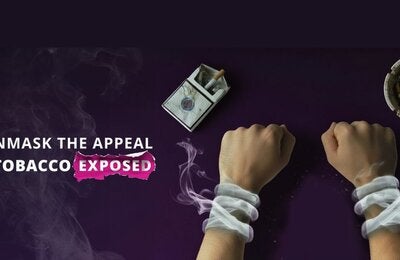 illustration of two hands tied with smoke on a dark purple background. The text "UNMASK THE APPEAL #TOBACCO EXPOSED  on the left 